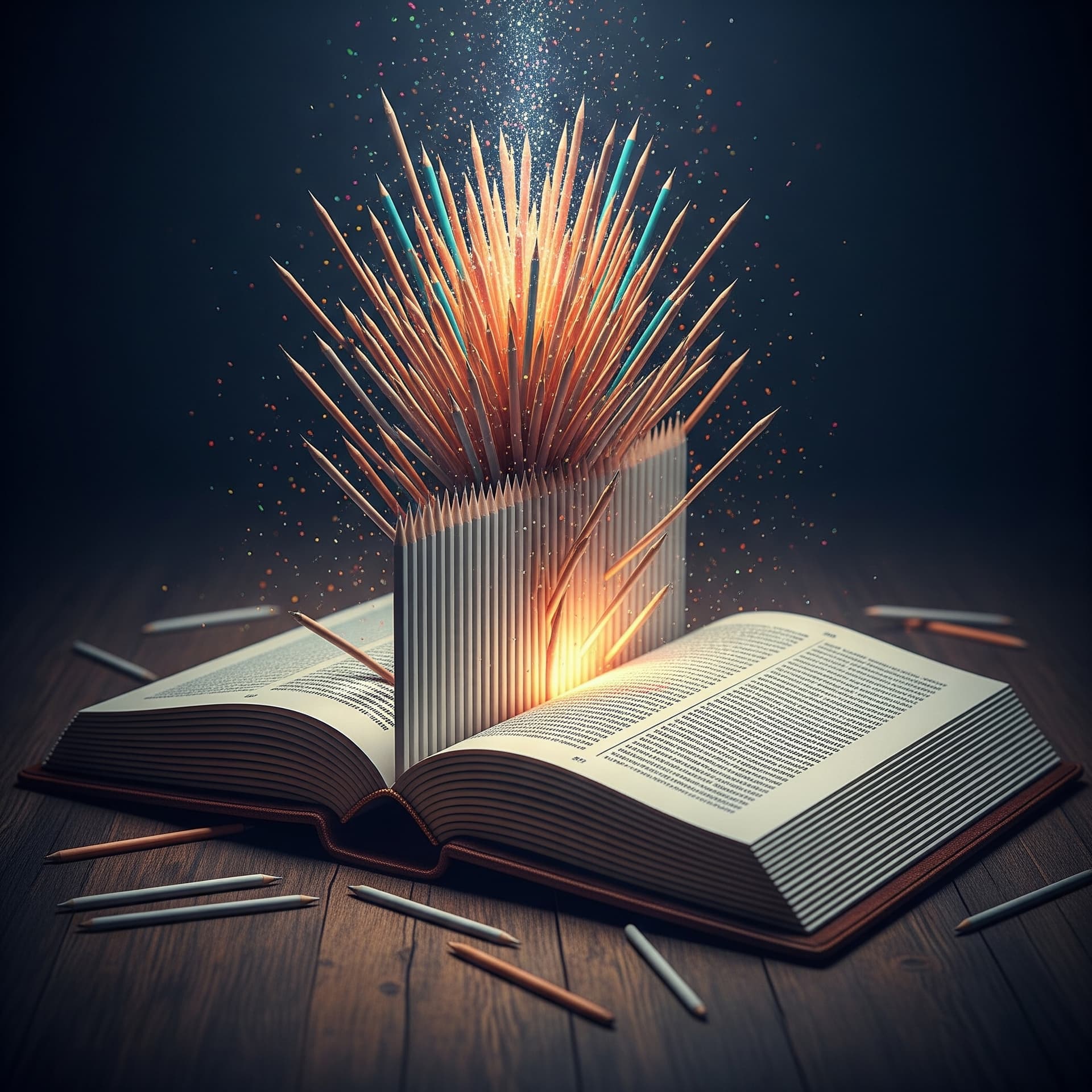 AI generated: A surreal and conceptual image of a large, antique book lying open on a dark wooden surface. The boo...