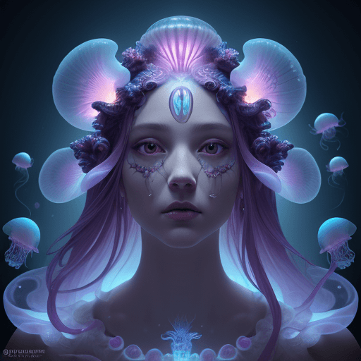 AI generated: Goddess close-up portrait ribcagel. jellyfish phoenix head, nautilus, orchid, skull, betta fish, bio...