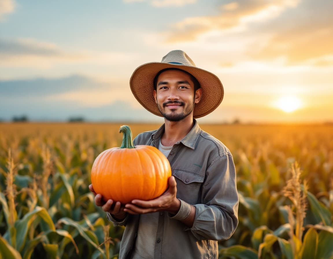AI generated: portrait of Indonesian male farmer holding harvested pumpkin, looking at camera, wearing caping hat,...