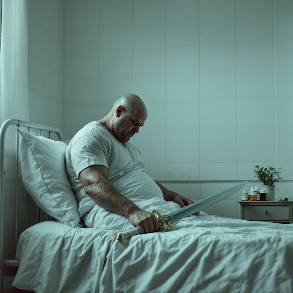 AI generated: "Side view of a depressed and overweight He-Man sitting on the edge of a hospital bed, head slightly...
