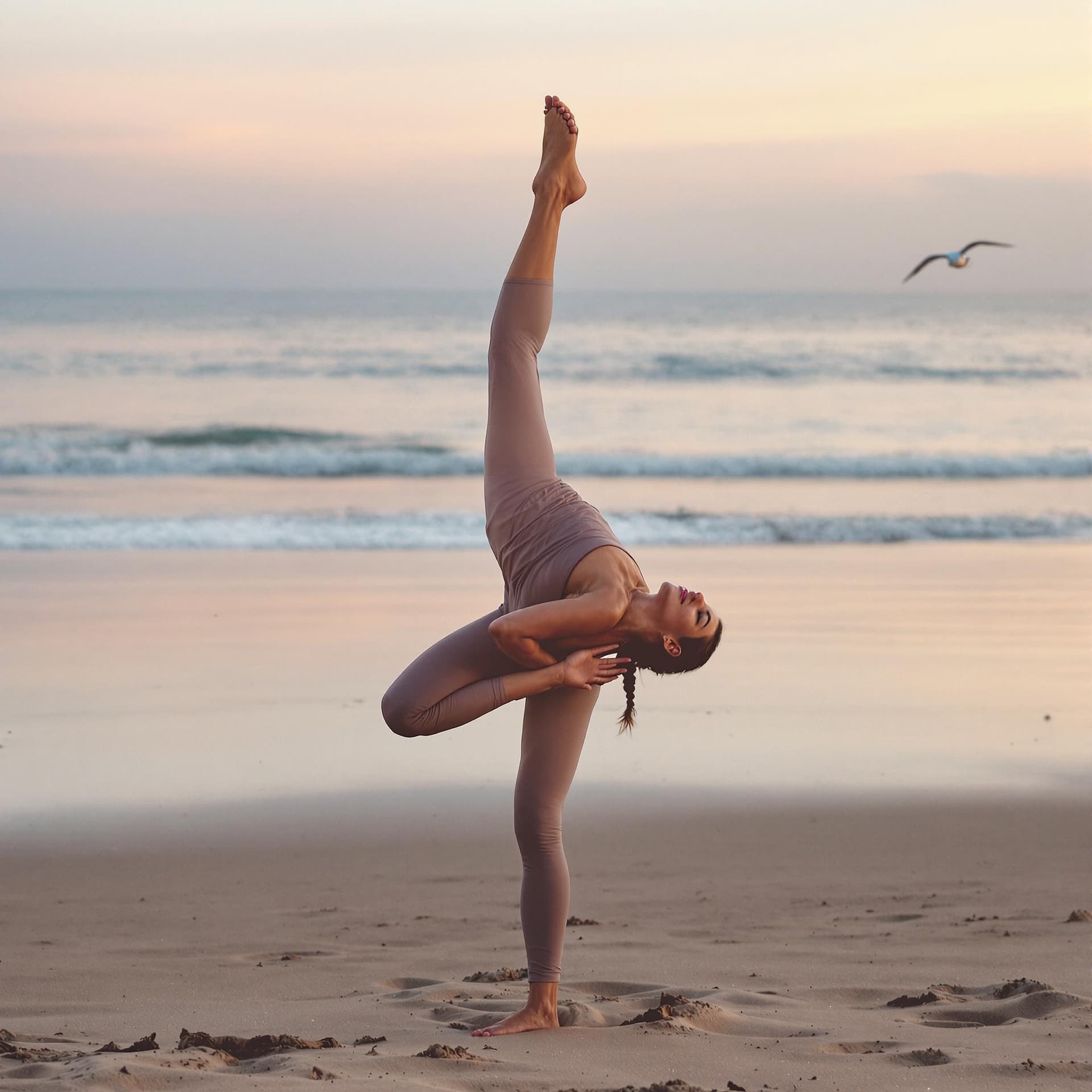 AI generated: A tranquil Indian yoga instructor in her early 40s demonstrates a challenging pose on a beach at sun...