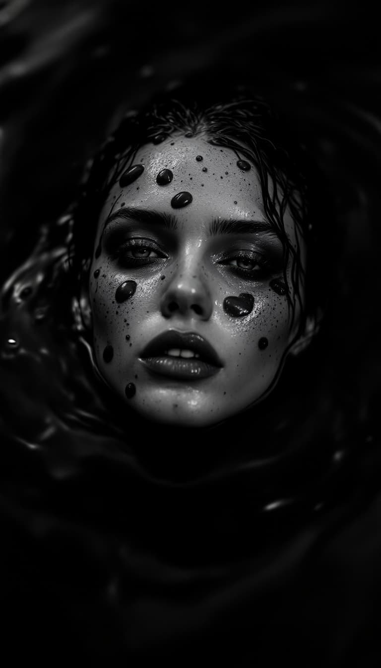 AI generated: a black and white photo of a woman in dark ooze, mert and marcus, drops, kristine froseth, carola ru...