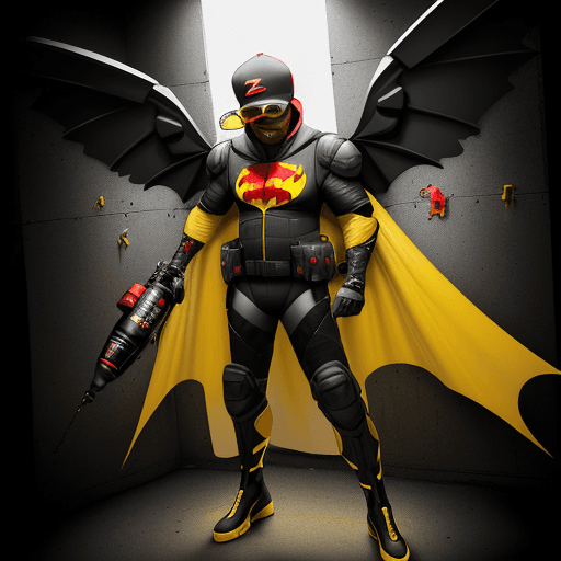 AI generated: A BLACKMAN in a red baseball cap backwards, yellow sunglasses, in a black and red dark knight detail...
