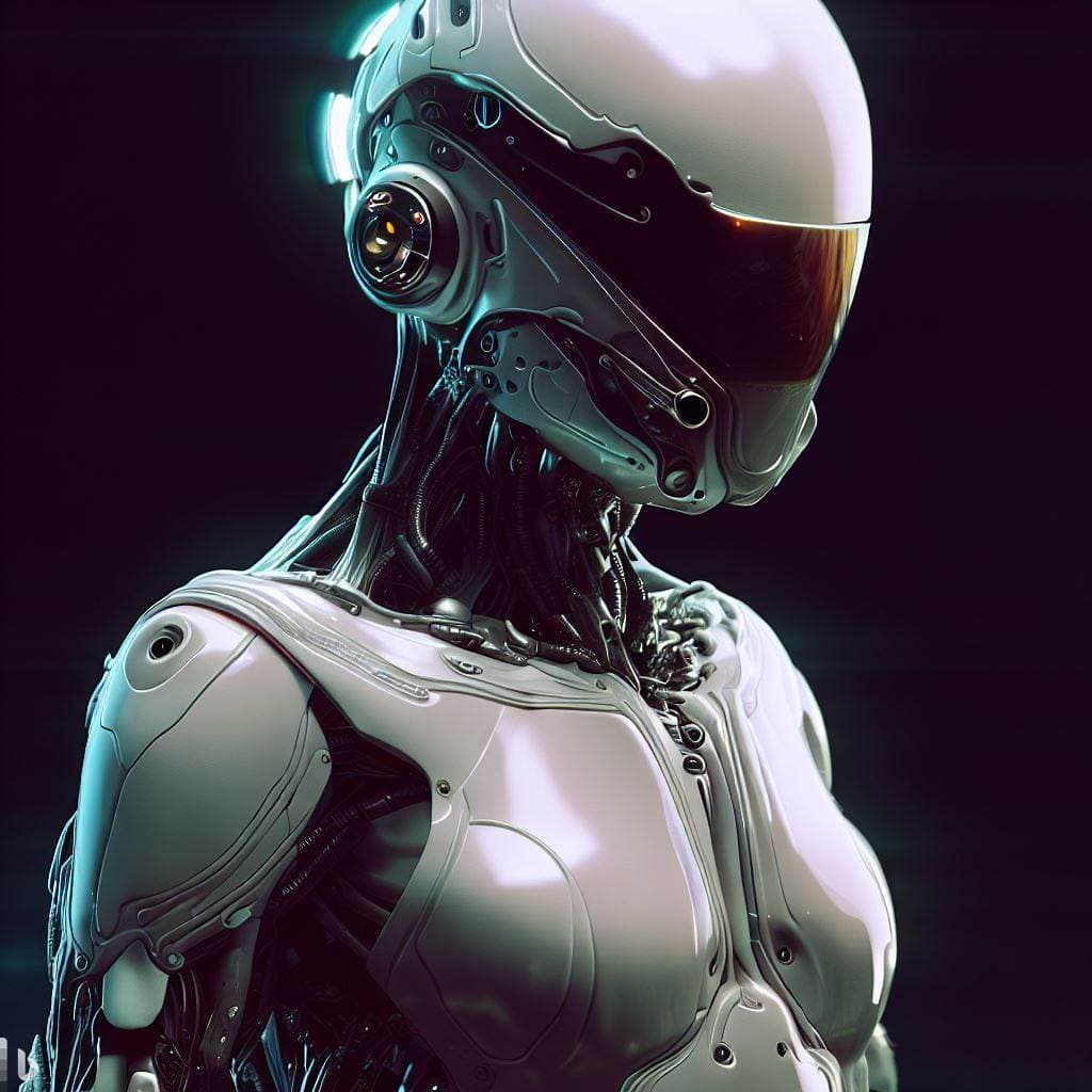 AI generated: fullbody armed female figure in a white sci-fi suit, detailed cyber helmet, bald head, lights on cyb...
