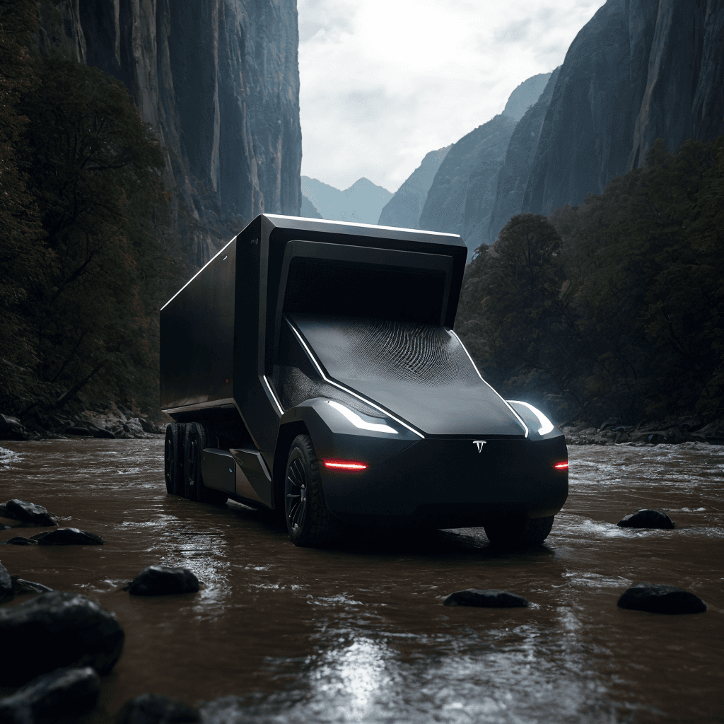 AI generated: a Tesla Cybertruck futuristic car covered in snake skin, coming out of a river, realist photo