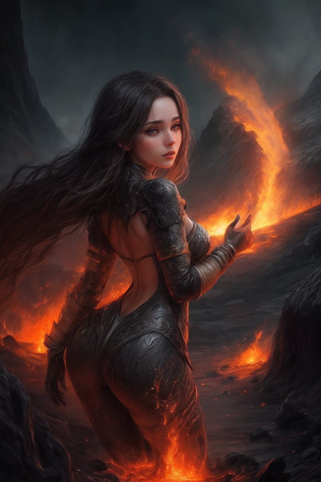 AI generated: she is a gorgeous woman coming out of volcano and created out of lava, by Vladimir Matyukhin, <lora:...