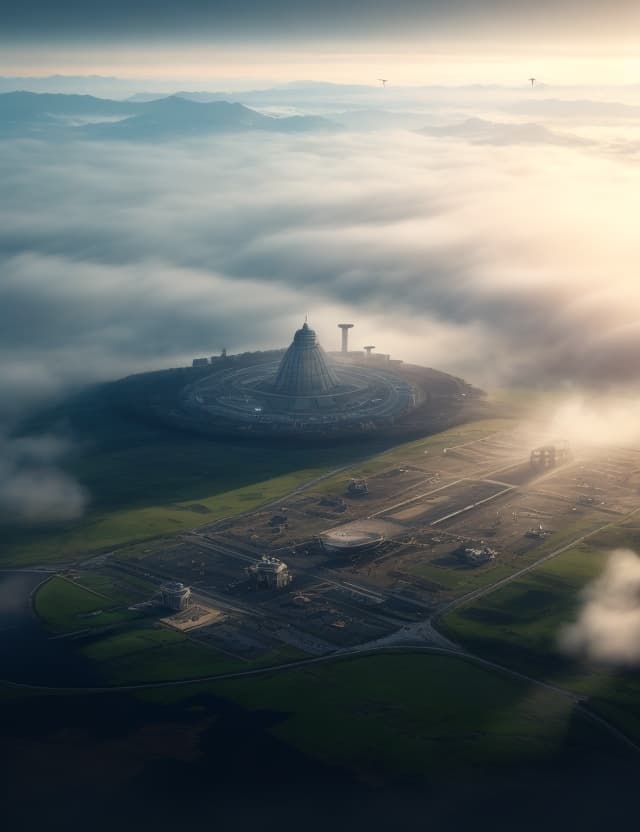 AI generated: Imagine a secret aerodrome where forbidden scientific experiments are conducted, Thick fog , bird’s ...