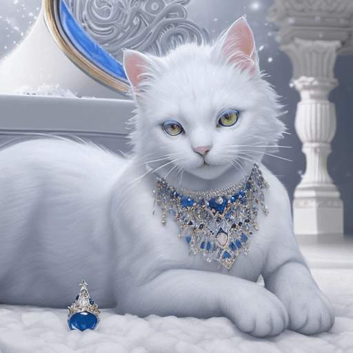 AI generated: Award winning, realistic model detailed perfect figure color photo of a white cat with blue ruby jew...