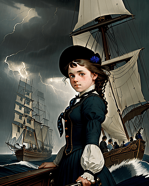 AI generated: Determined twelve year-old girl in fancy Victorian garb with imperfect hair holding short dagger in ...