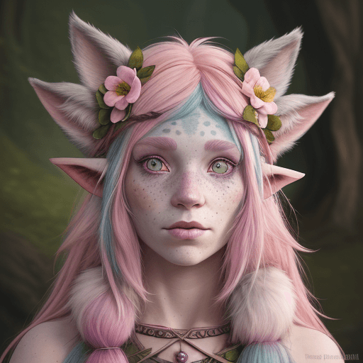 AI generated: Firbolg, female, pastel colors, druid, hyper realism, high Detail, freckles, dungeons and dragons, h...