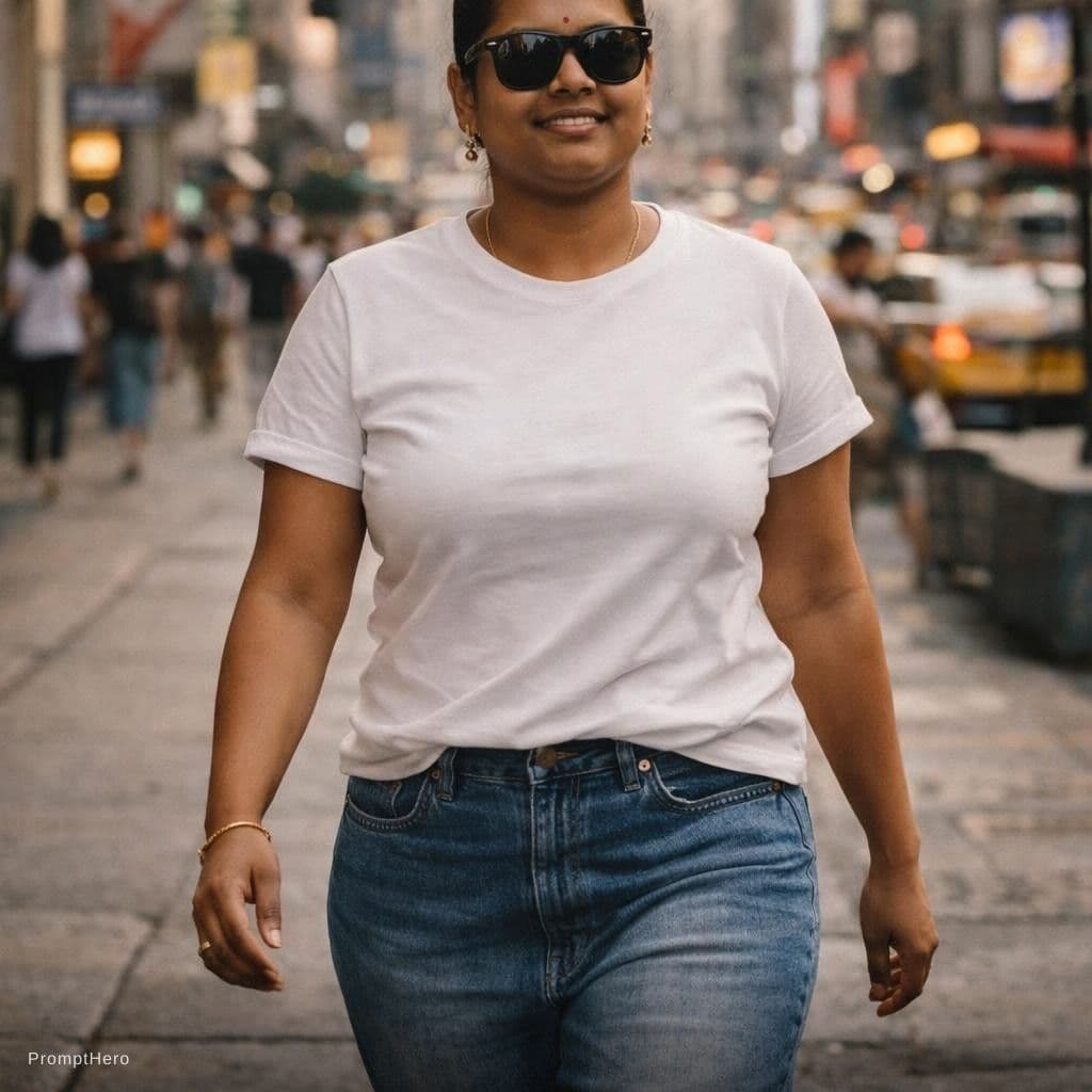 AI generated: An image features a woman walking down a city street, wearing a white shirt and blue jeans. 12K, HRD...