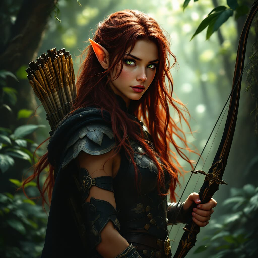 AI generated: A youthful elf woman stands ready, her long limbs and free-flowing burgundy hair create a striking c...