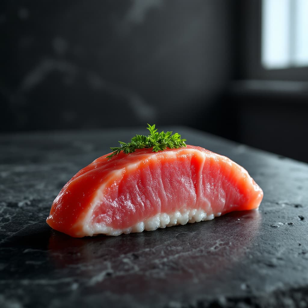 AI generated: single fresh thick slice tuna sushi on the stone dark table in the loft style room with gray hue bac...