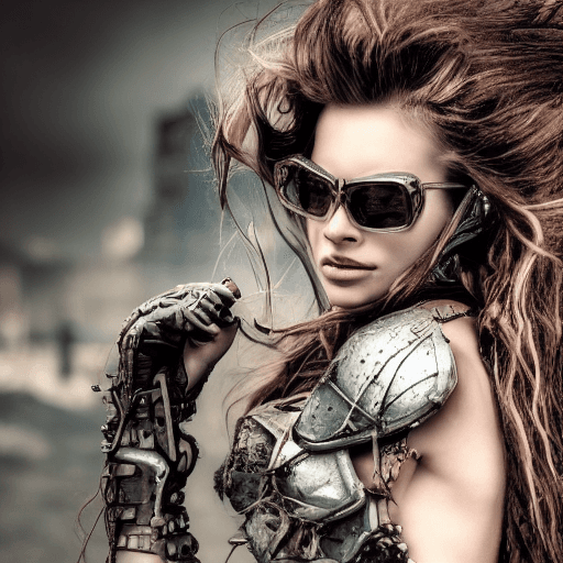 AI generated: a hyper realistic ultra detailed photograph of a futuristic beautiful barbarian woman wearing sungla...