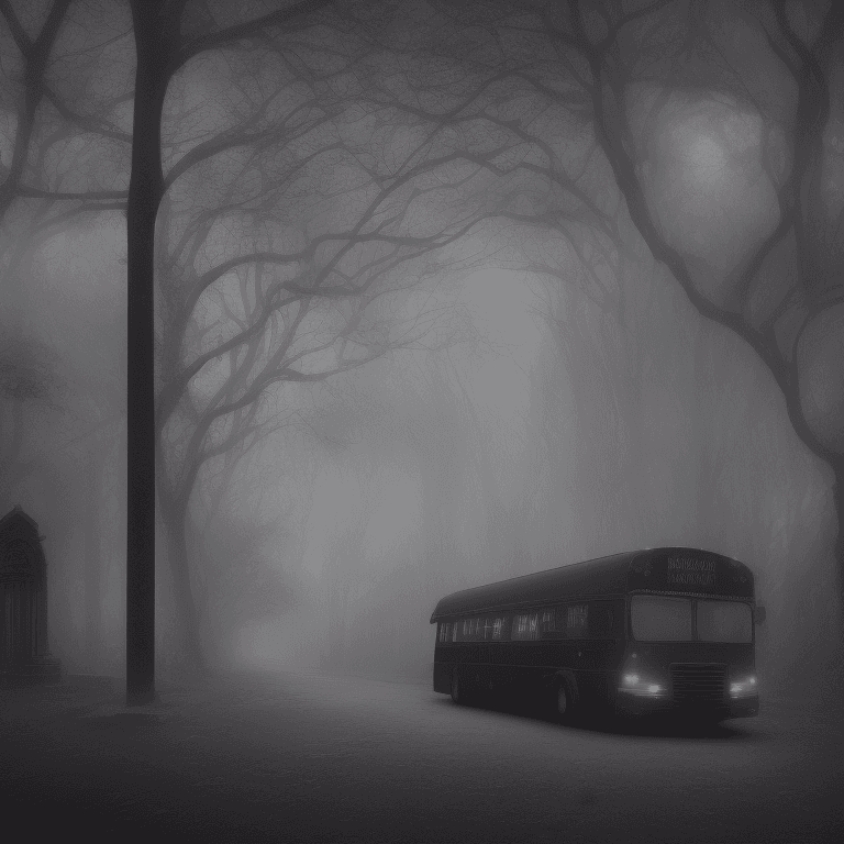 AI generated: angled view of a detailed darkish dark metallic huge school bus at a distance, Dark Fairytale Aesthe...