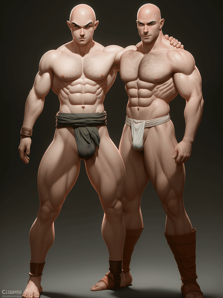 AI generated: Krillin, caucasian complexion, big muscles and big thighs, bald, noseless, short stature, in his thi...