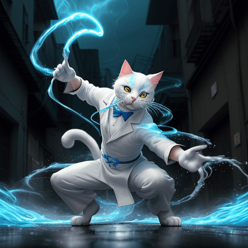 AI generated: an anthropomorphic cat wearing white linen is depicted in an action pose, swirling water with an arr...