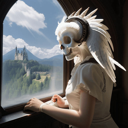 AI generated: human body, owl head, skull handle, castle, window, sun, plain, mountain, cloud