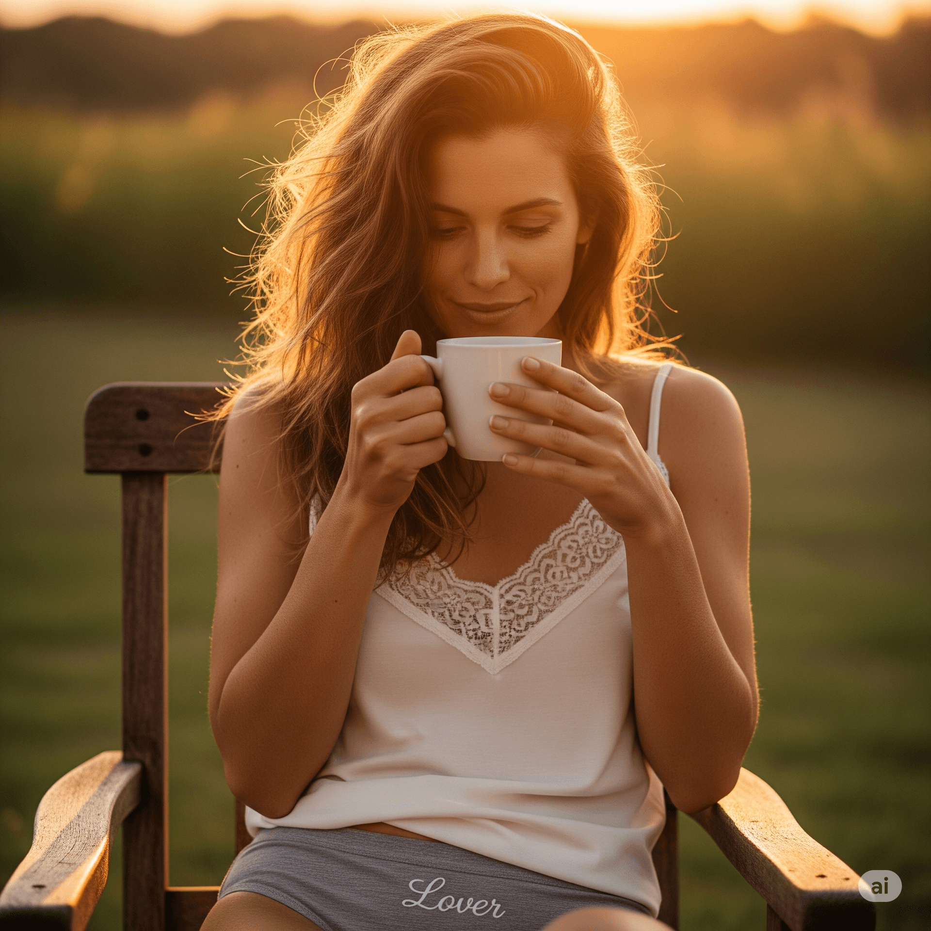 AI generated: Golden hour light bathes a woman seated in a rustic wooden chair, holding a simple white coffee mug....