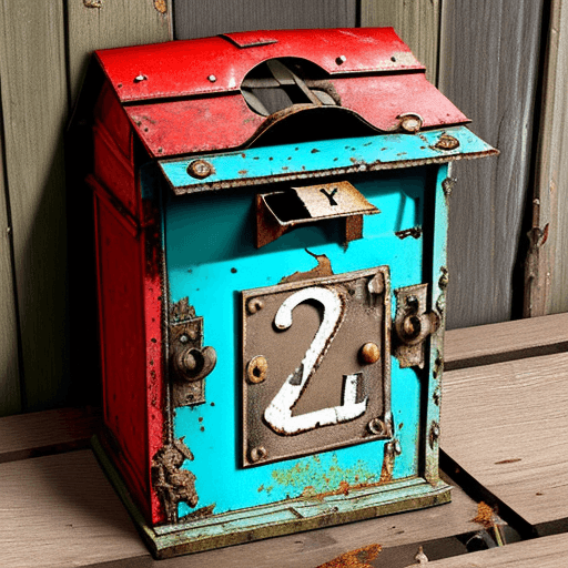 AI generated: old wooden letter box with flaking paint and two rusty nails where a number used to be attached.