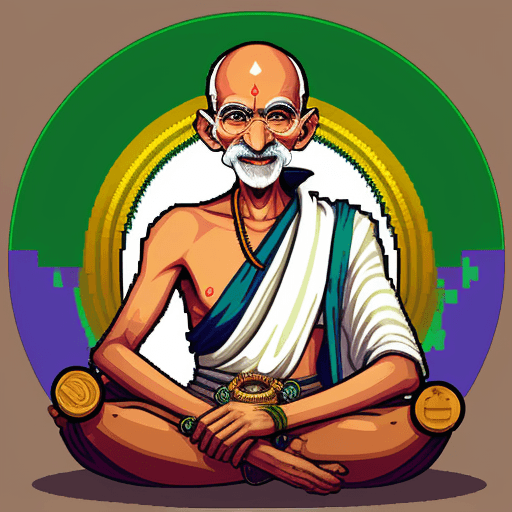 AI generated: Mahatma Gandhi ilustration with round glasses happy smiling eyes india folk style crypto peacecoin b...