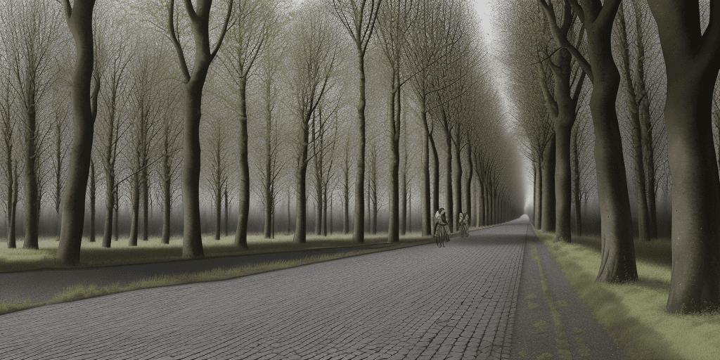 AI generated: stretch of the Arenberg Forest, of the Paris-Roubaix cycling race, in cartoon style, with no people ...