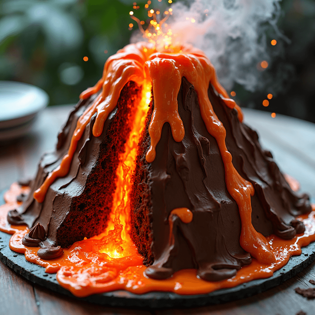 AI generated: A stunning cake shaped like an erupting volcano, crafted with rich, flowing layers of creamy frostin...