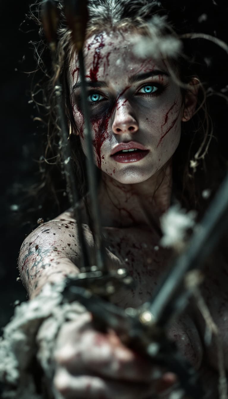 AI generated: high-resolution photograph, woman, ugly scar in the face, exposed body,  dramatic scene of old war, ...