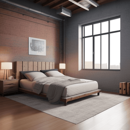 AI generated: interior design, warehouse style bedroom, 8k architecture render, cozy style, wooden floor,  --5:4