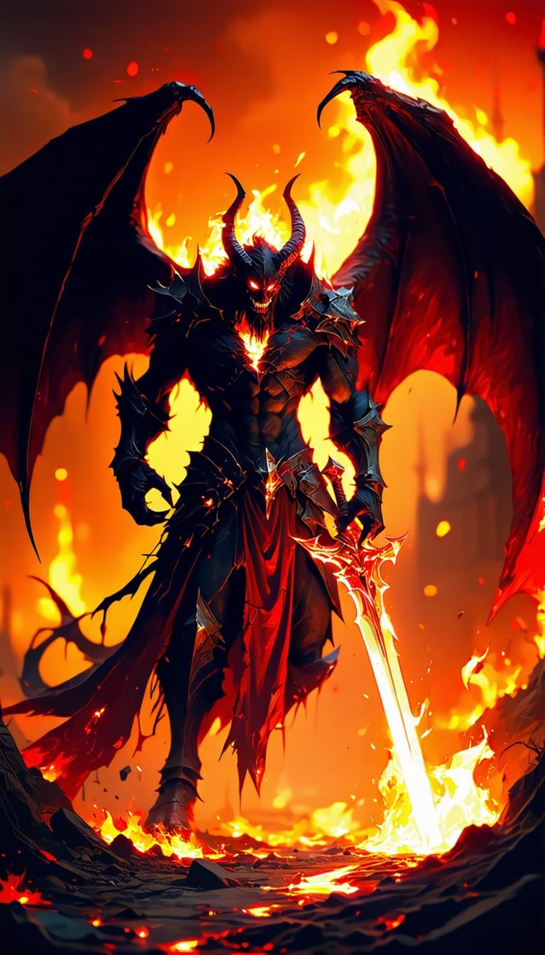 AI generated: erotic demon,very angry ,glowing eyes,with a sword,in hell,wings