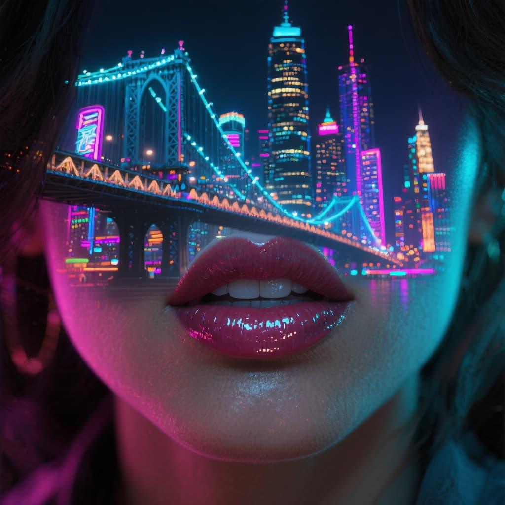 AI generated: Woman's lips, subtly smiling, wearing glossy lip gloss, with a vibrant cityscape at night projected ...