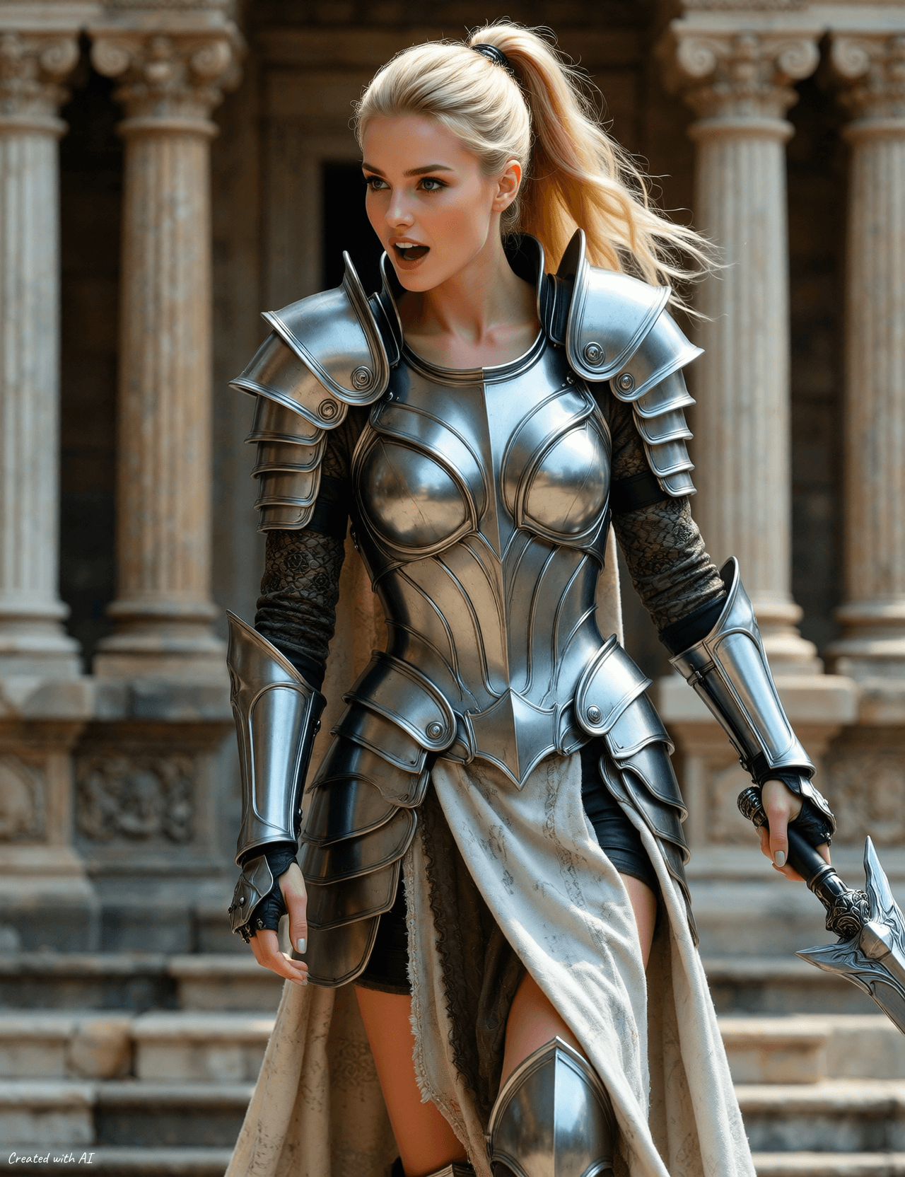 AI generated: A young female paladin walking in slow motion, wearing sleek, form-fitting light silver armor that a...