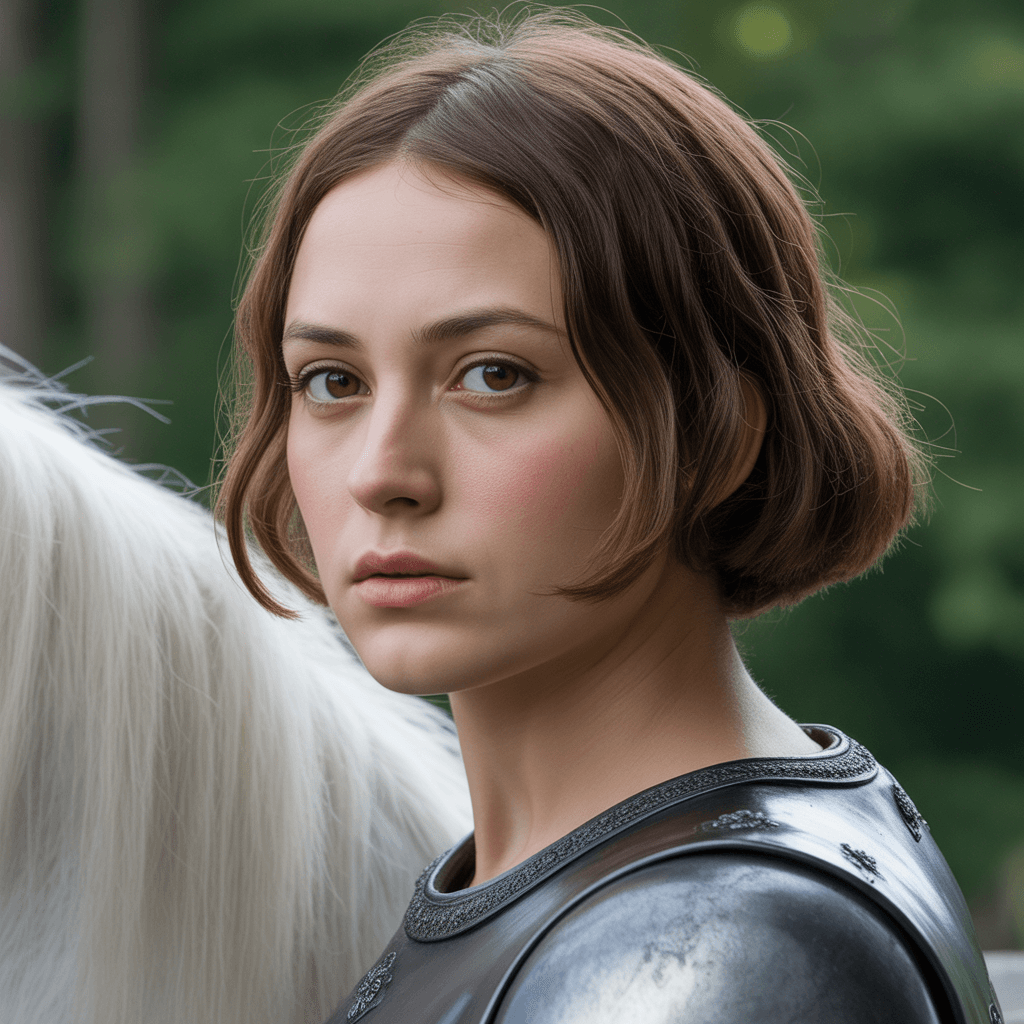 AI generated: Extremely detailed portrait of Joan of Arc on a white horse. she has big beautiful brown eyes and a ...
