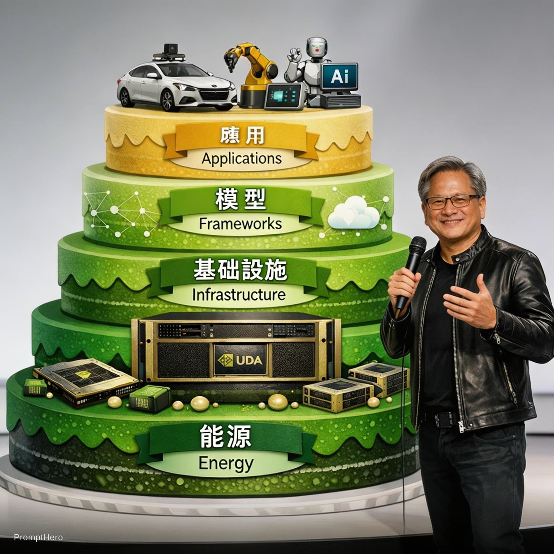 AI generated: A high-end professional tech keynote presentation scene.

Center: a five-layer green platform struct...