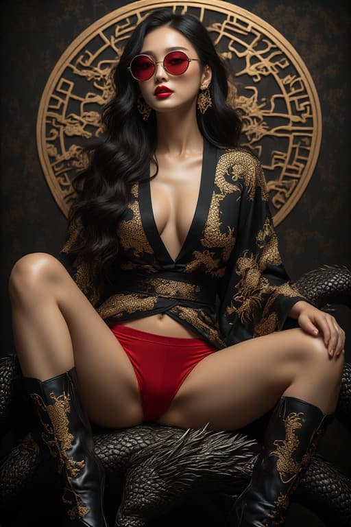 AI generated: A stunningly beautiful East Asian woman with long, flowing black hair, sitting confidently atop a co...