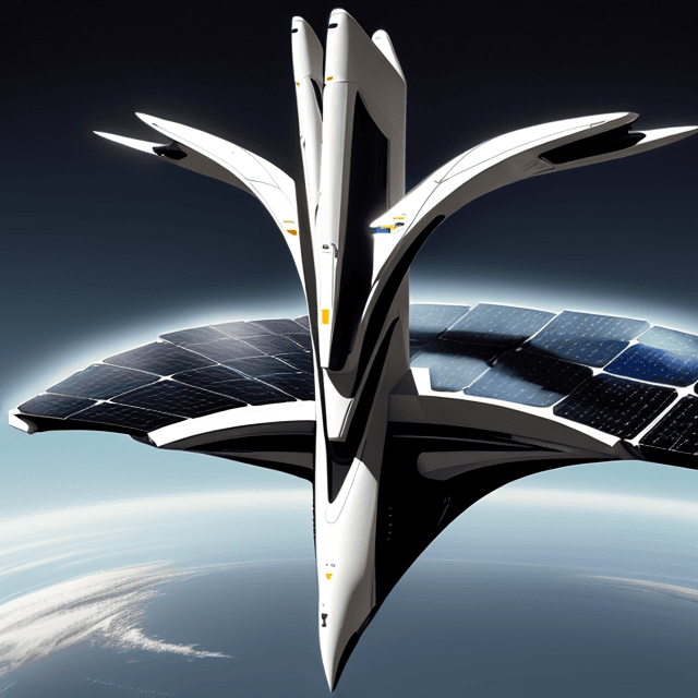 AI generated: A full view of an imaginative modern elongated spaceship with solar panels 