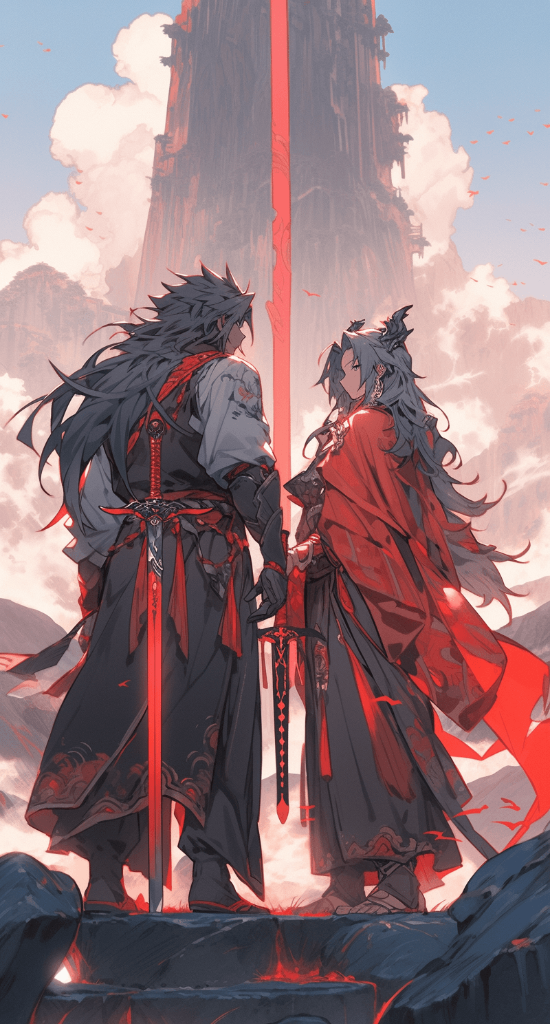 AI generated: two anime men standing on top of a mountain, in the style of dark gray and dark crimson, raw versus ...
