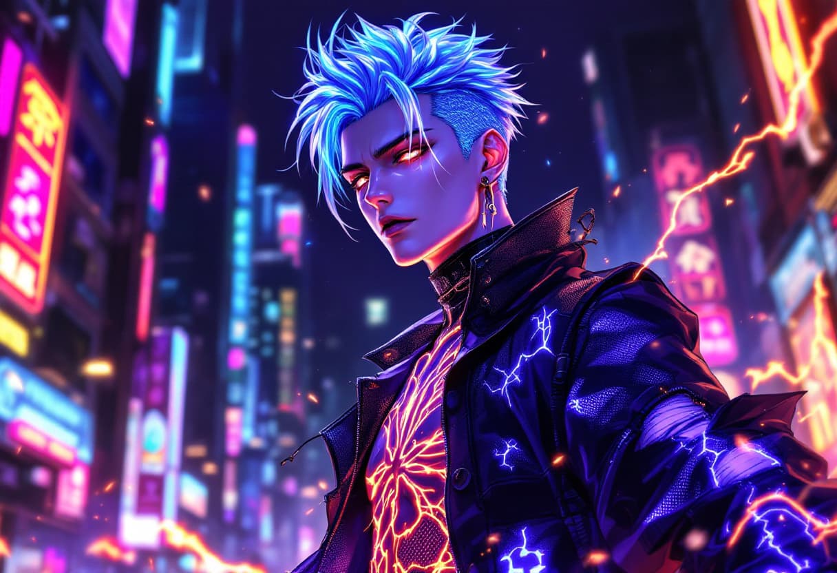 AI generated: A breathtakingly detailed illustration of an anime-inspired male figure, radiant with an ultraviolet...