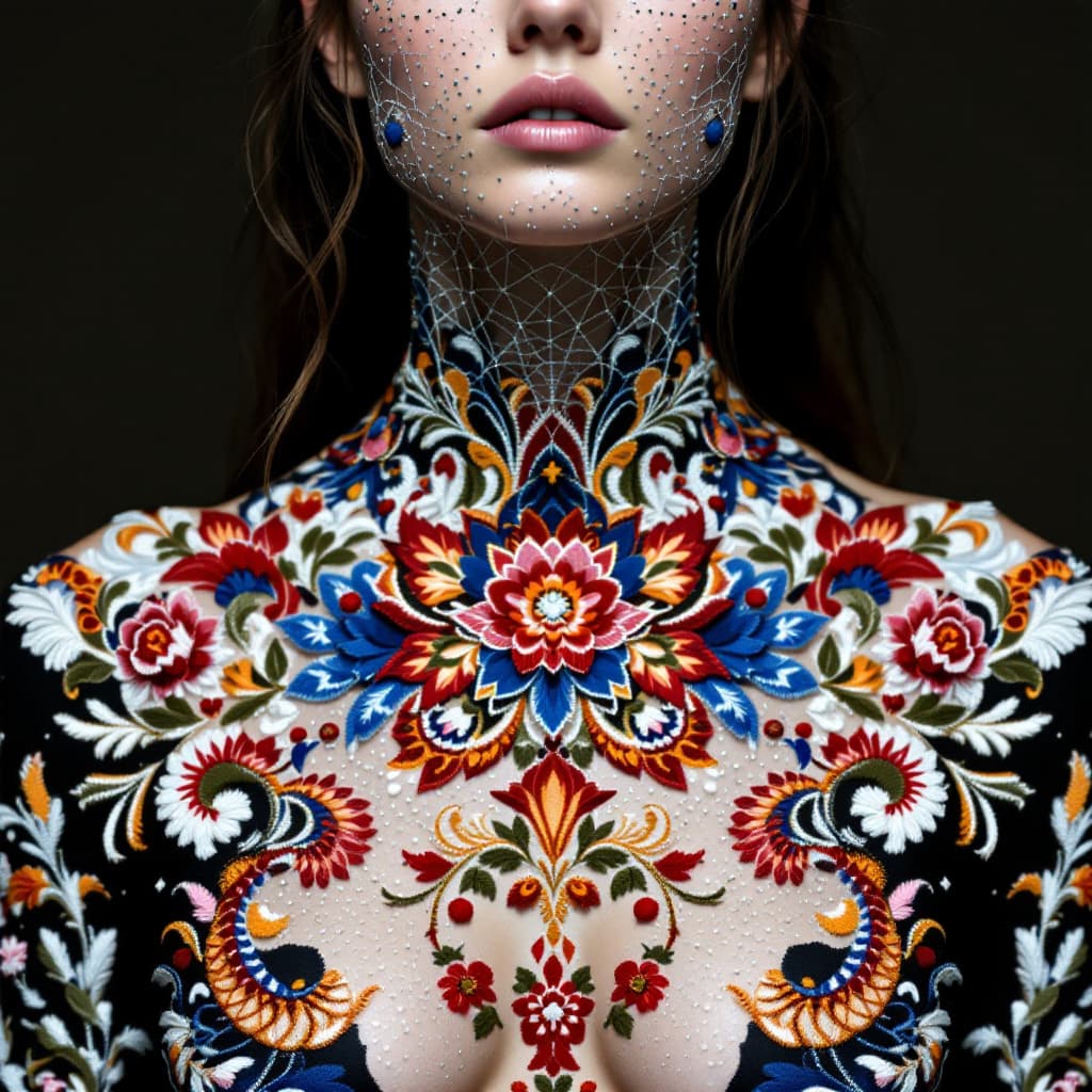 AI generated: the whole face, shoulders and chest are pierced with openwork threads in the style of Ukrainian nati...