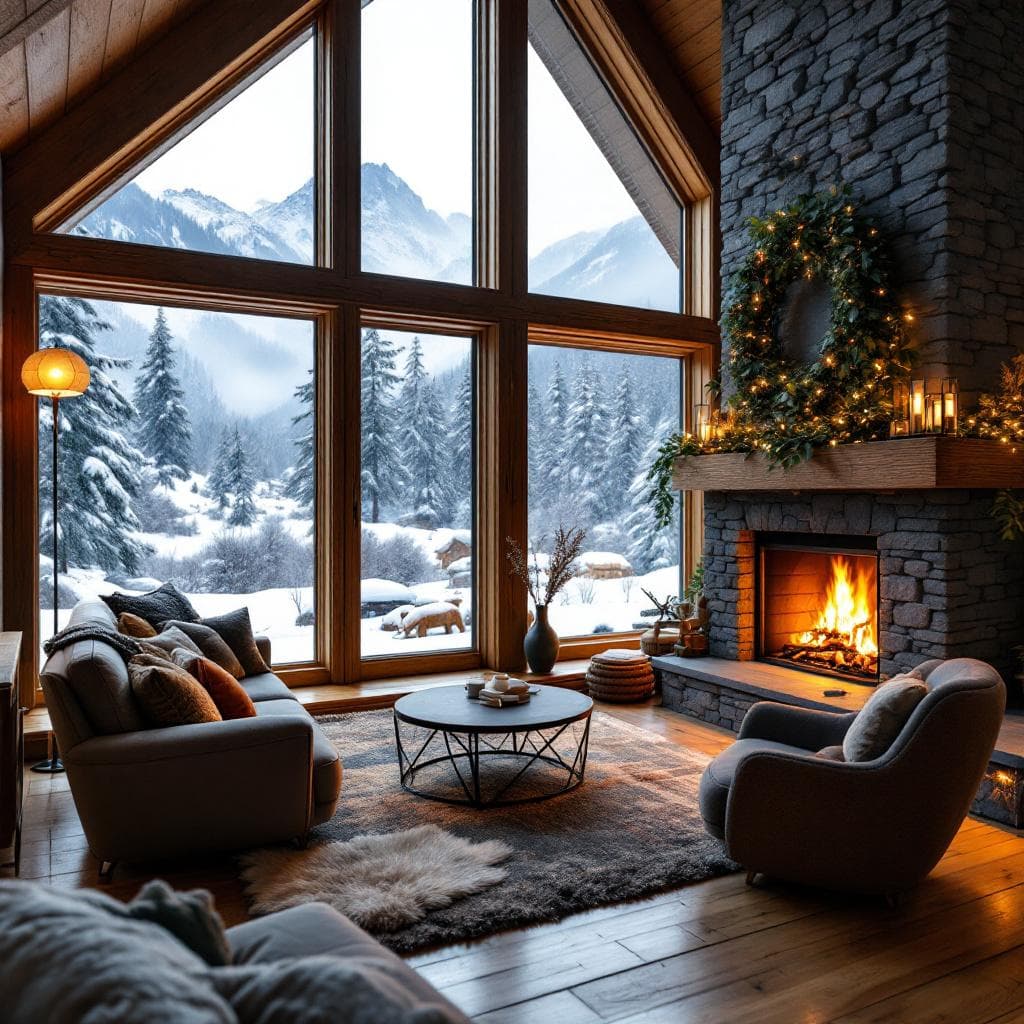 AI generated: A cozy mountain chalet with a roaring fireplace, snow outside windows, warm wooden tones.