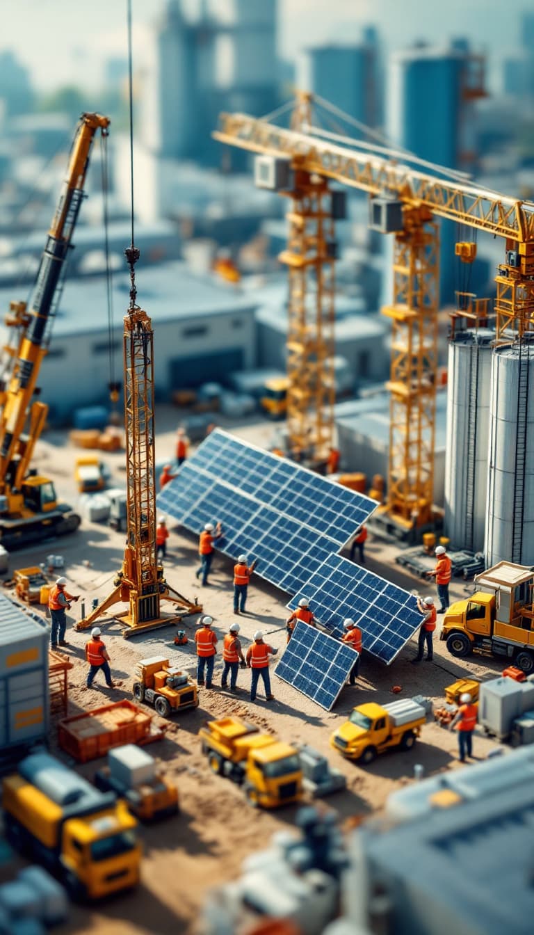 AI generated: In a highly detailed miniature industrial scene, workers in orange safety vests and white helmets ar...