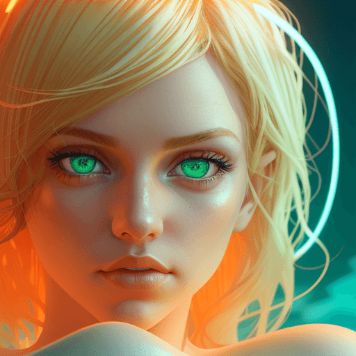 AI generated: a green eyed woman with blonde hair, in the style of cinematic lighting, light orange and white, , r...