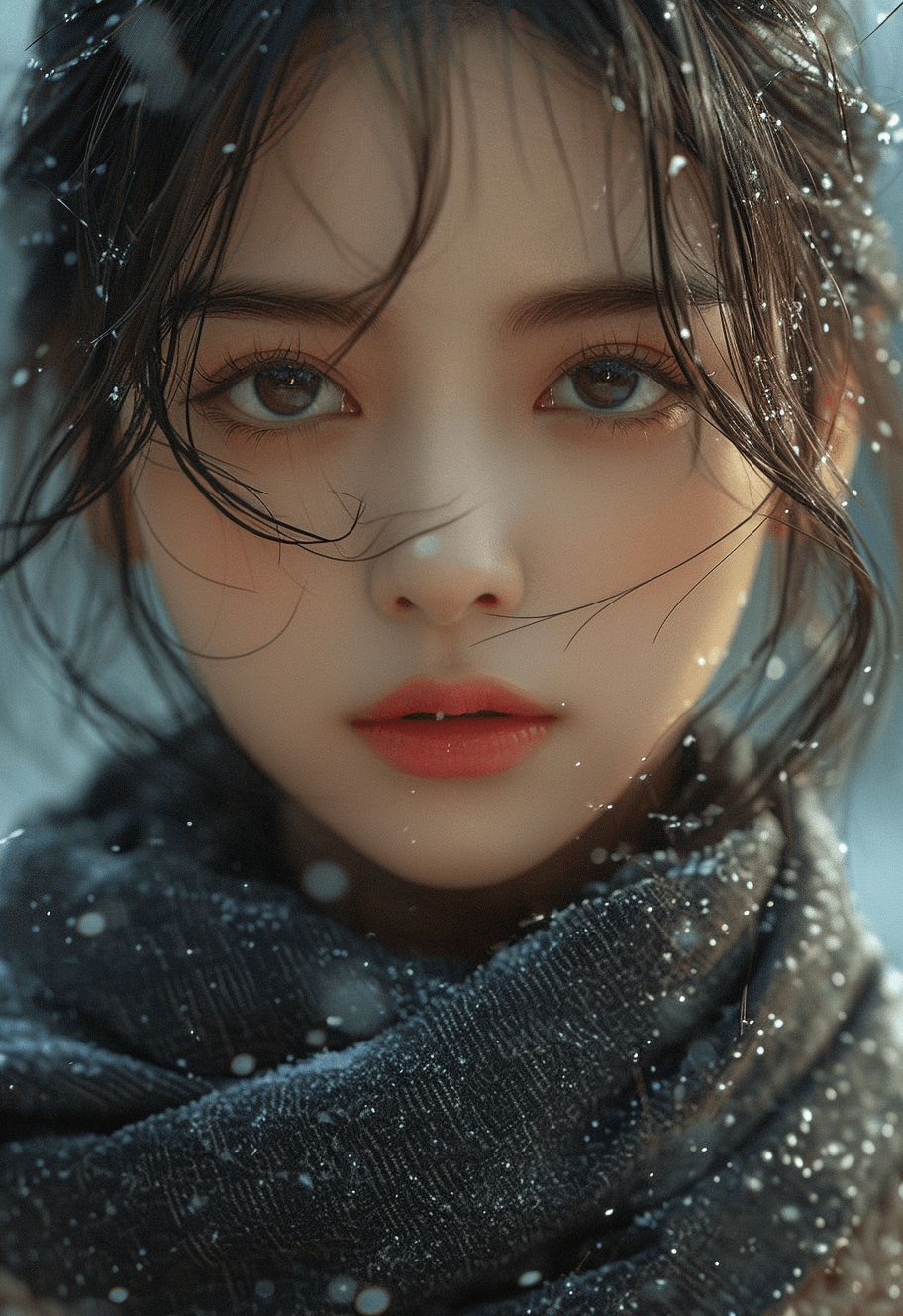 AI generated: the young girl is wearing a black scarf, in the style of oshare kei, exaggerated facial features, so...