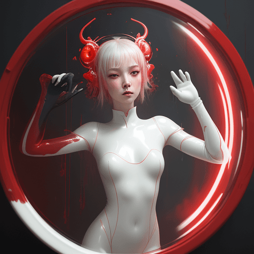 AI generated: a girl in white latex is posing by a red mirror, in the style of sandara tang, glowwave, ruan jia, w...