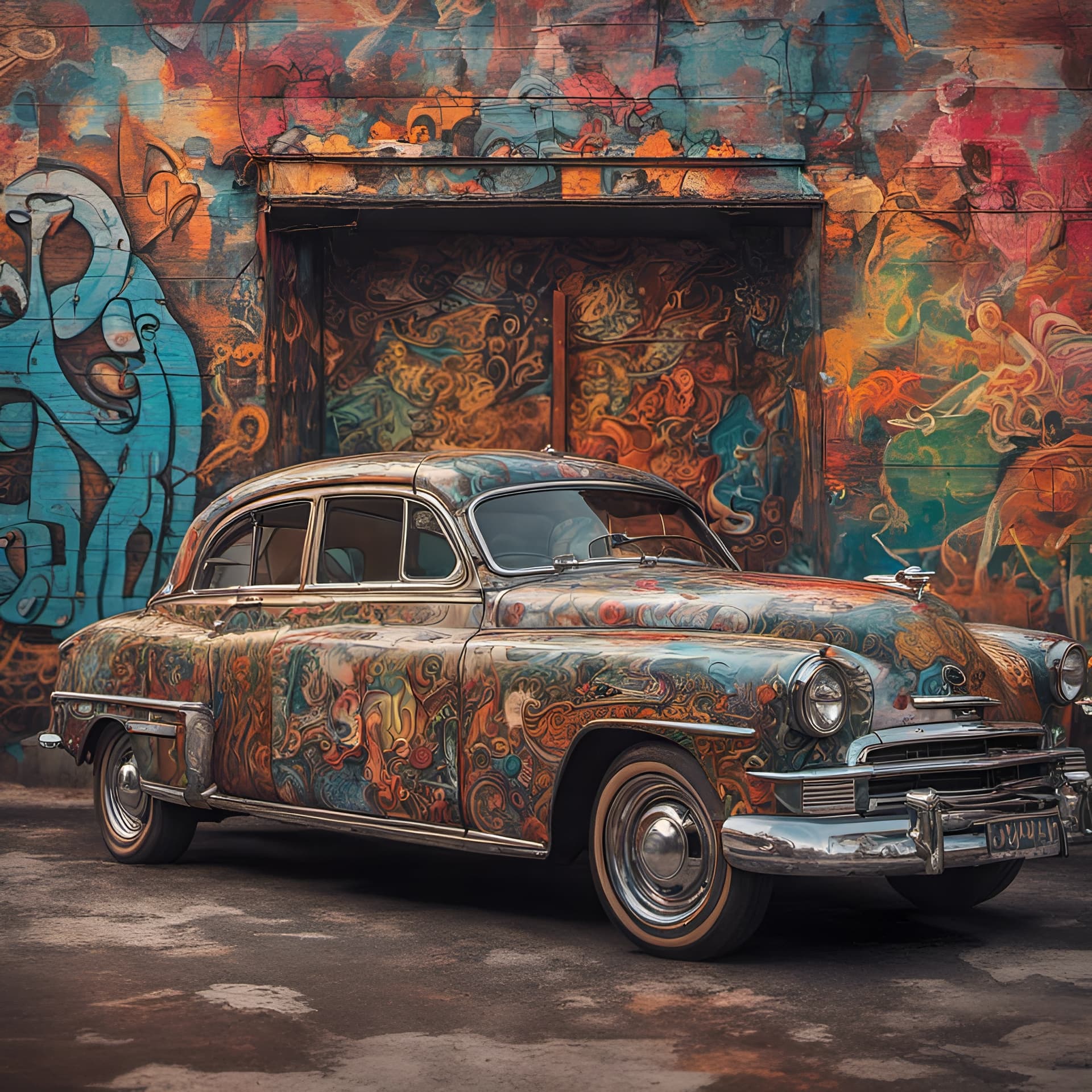 AI generated: a realistic vintage car adorned with an intricate, graffiti-style mural, full wide view, highly deta...