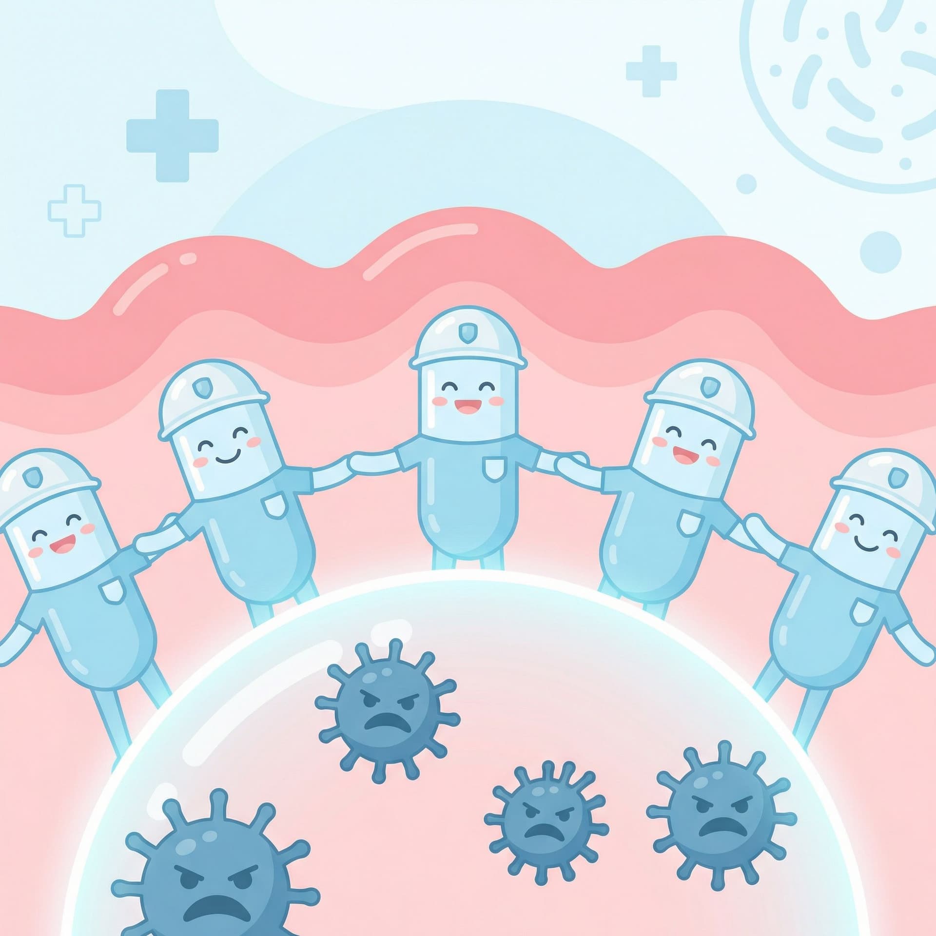 AI generated: Cute medical illustration of Lactobacillus acidophilus protecting the human intestine,
friendly prob...
