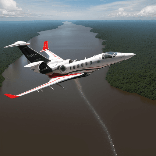 AI generated: make an ultra realistic image of a Learjet plane flying over the Amazon jungle with the Amazon River...