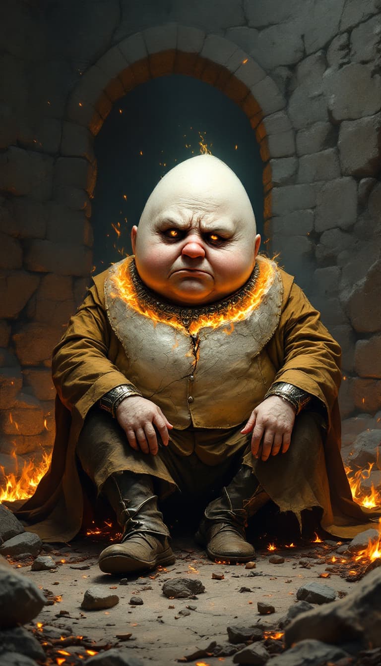 AI generated: Envision a fully body portrait of  humpty dumpty egg  type character (facial features looking sad)as...