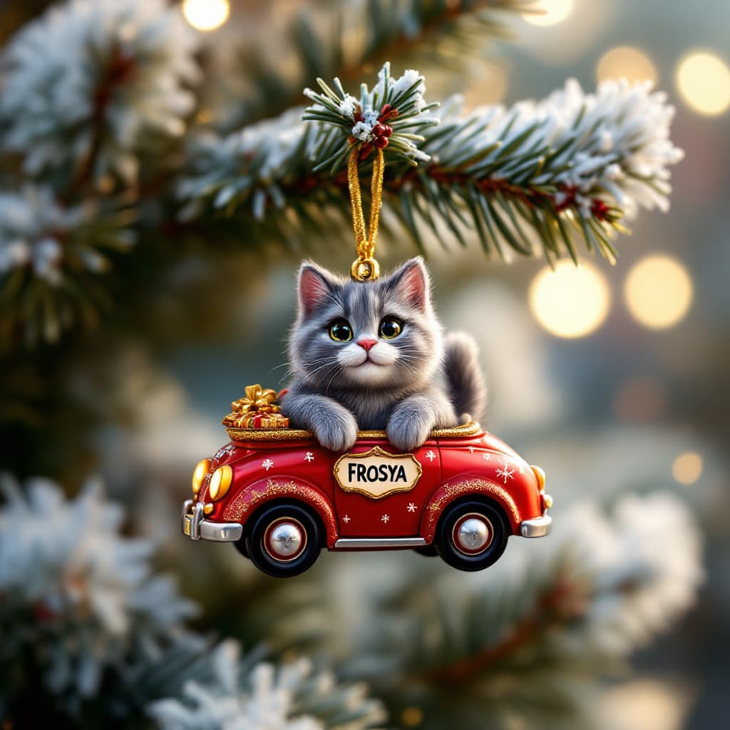 AI generated: Medium shot. A Disney-style Christmas ornament, Pixar hangs on a branch of a fluffy, glittering Chri...