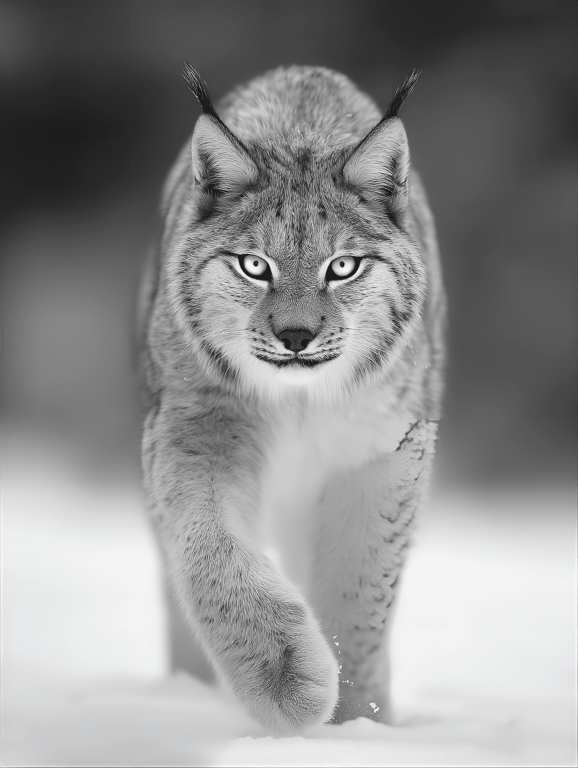 AI generated: in black and white, capturing the intense gaze of a lynx striding through the snow.
 Golden eyes pi...